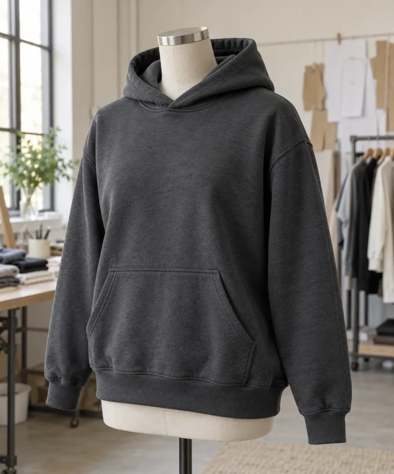 Photorealistic apparel documentary photograph of a finished unbranded charcoal pullover hoodie on a neutral dress form,