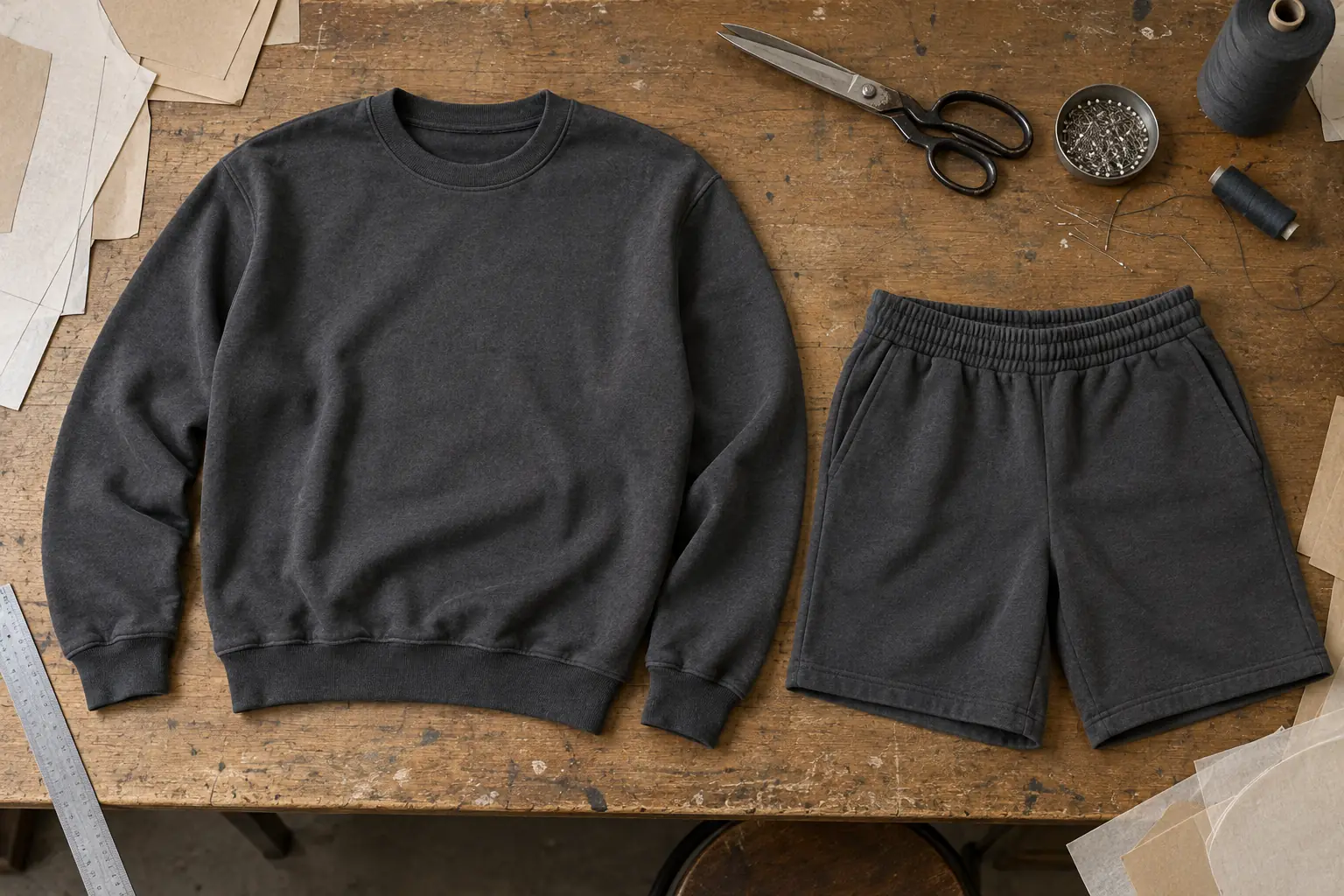Coordinated sweatshirt and shorts samples arranged together on a development table