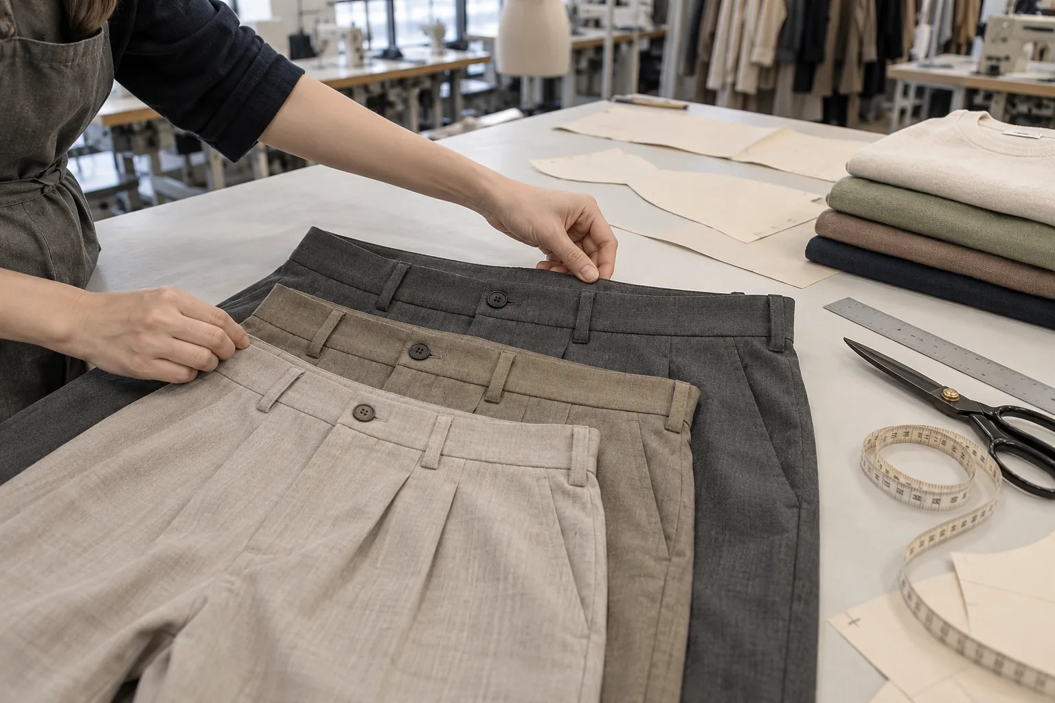 Garment samples of several sizes being compared at a pattern development table