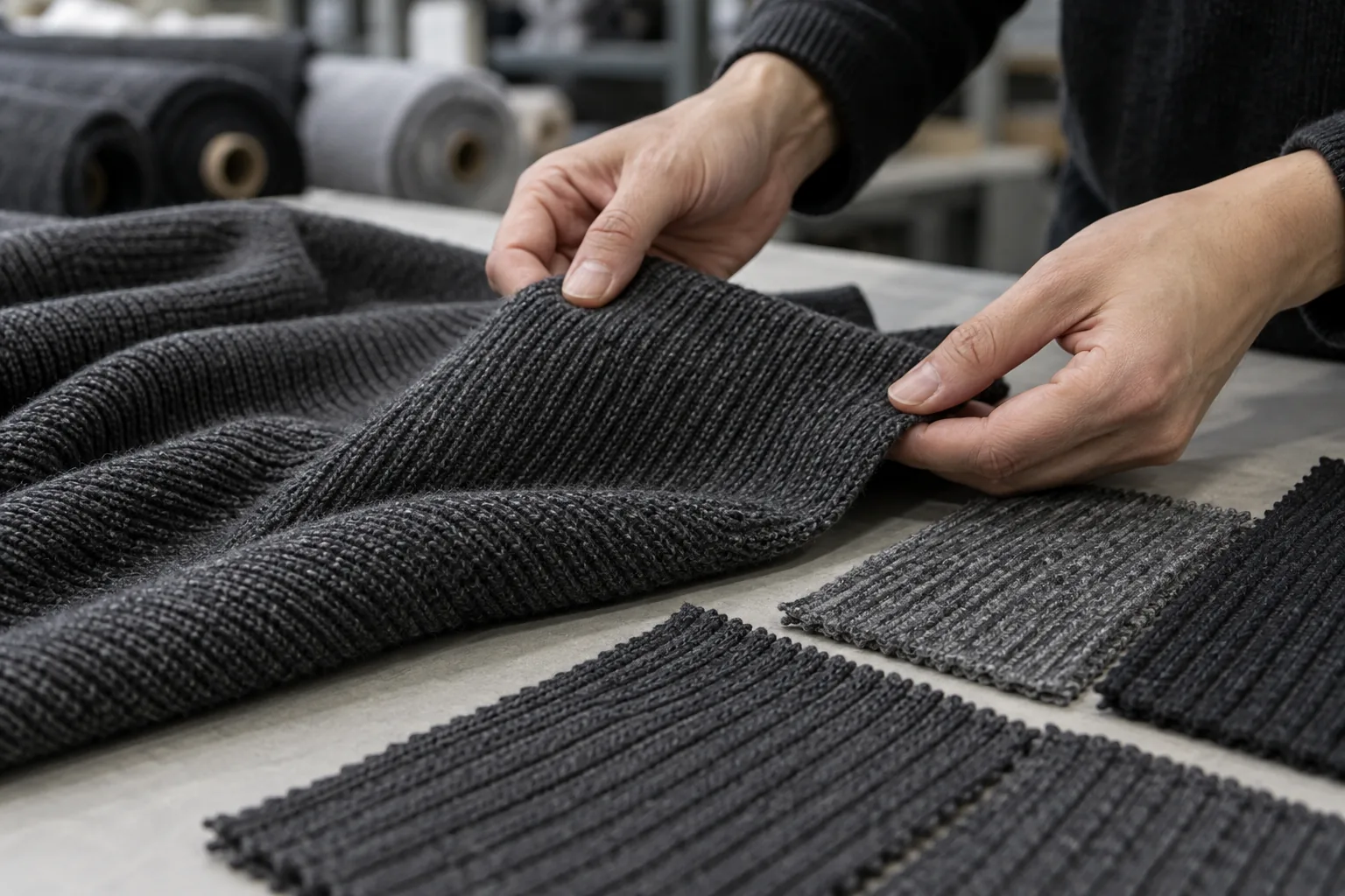 Coordinating fabric and rib swatches examined under neutral light