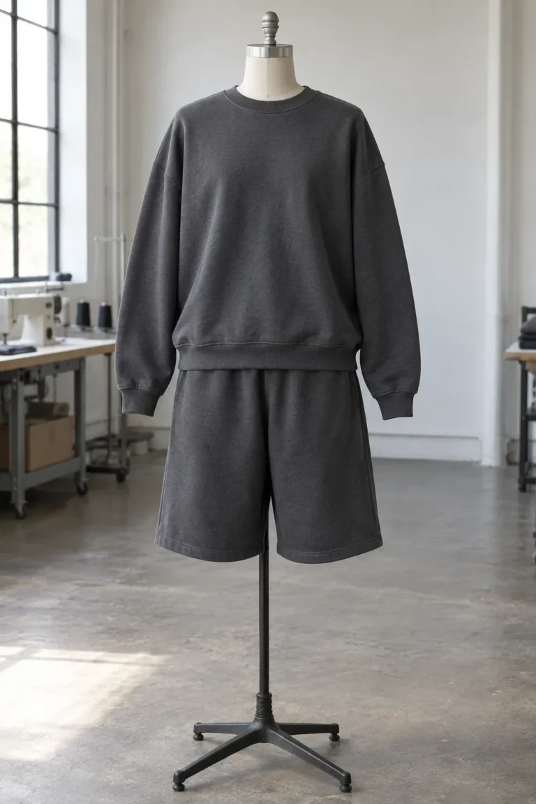 Photorealistic apparel documentary photograph of a finished charcoal boxy crewneck and coordinating relaxed knee-length