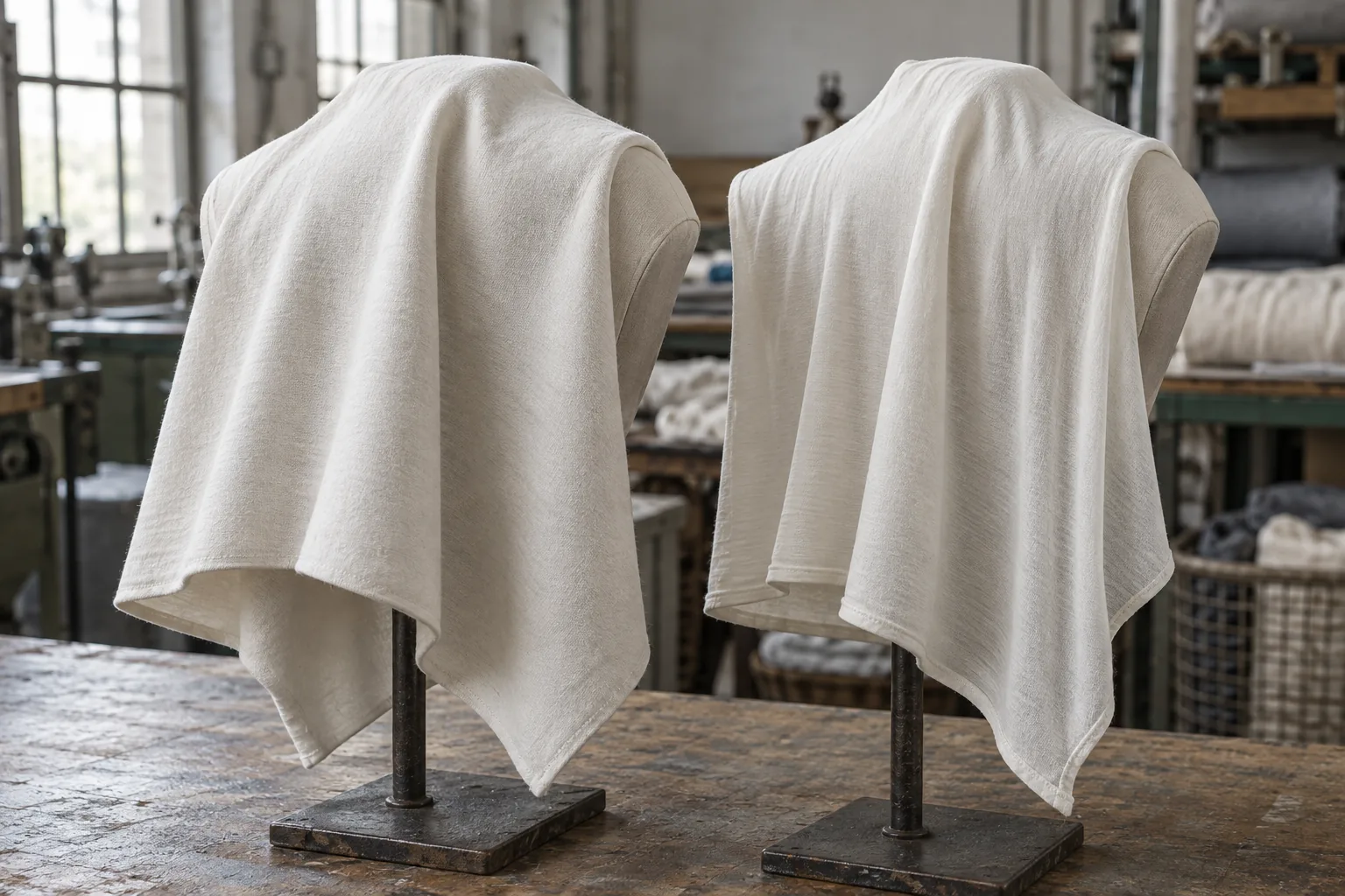 Two jersey fabrics draped over matching sloped shoulder forms