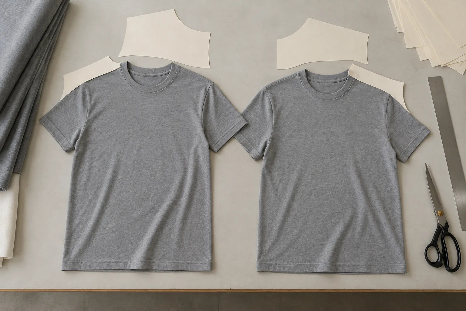 Shoulder pattern pieces and jersey sample tees arranged on a sampling table