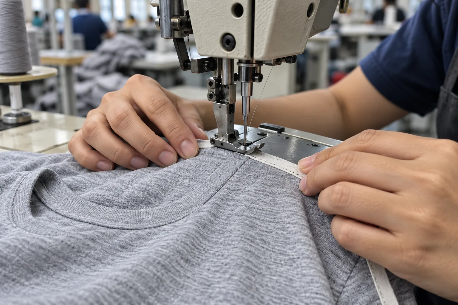 Sewing operator guiding a jersey shoulder seam with narrow reinforcement tape