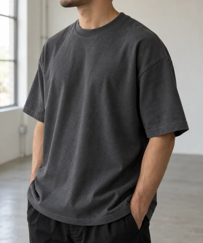 Photorealistic apparel documentary photograph of a finished plain heavyweight charcoal streetwear T-shirt worn by an adu