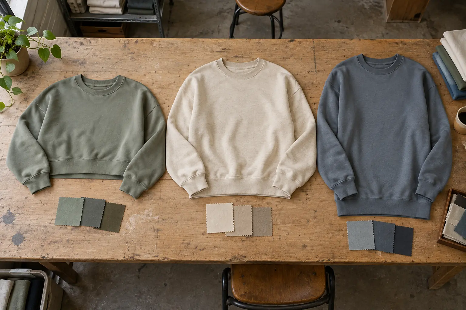 Undecorated streetwear garments arranged on a sampling table for comparison