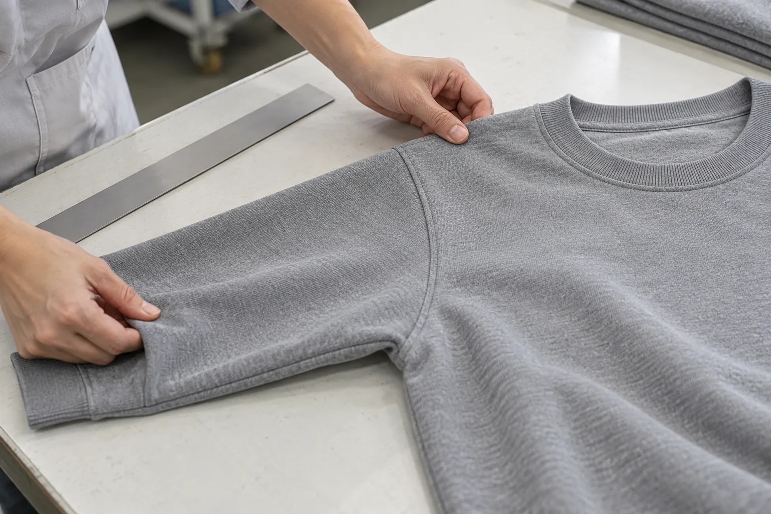 Sample technician checking sleeve and body proportions on an undecorated sweatshirt
