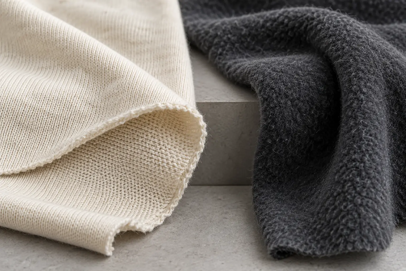 Close comparison of jersey and fleece fabric surfaces under neutral inspection light