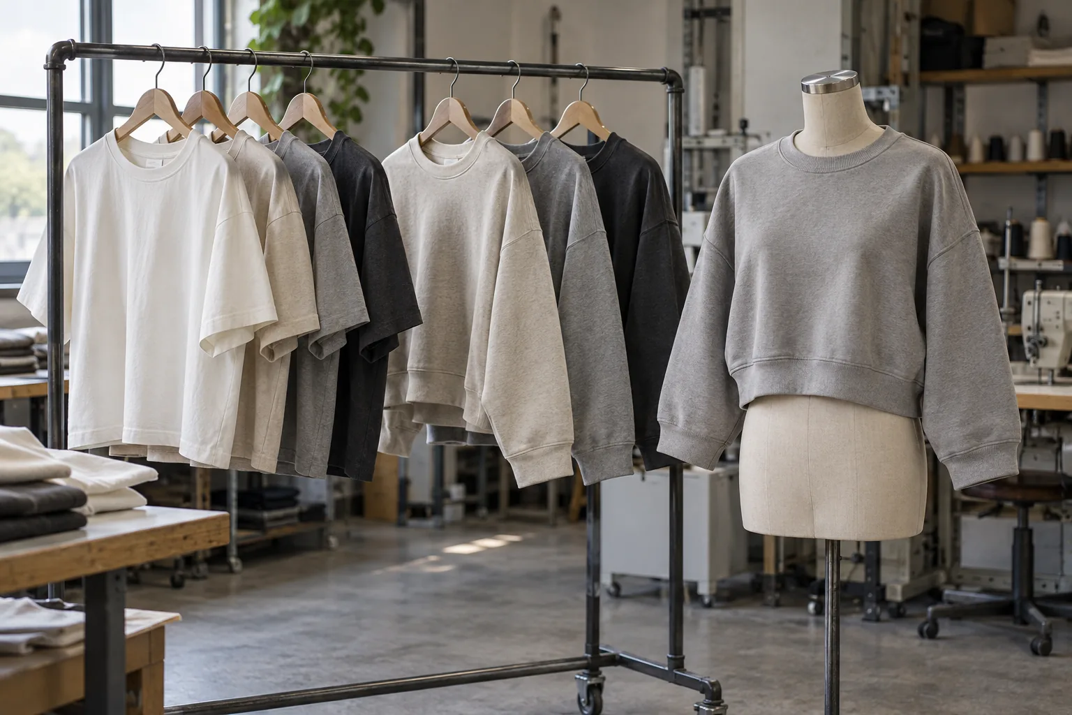 Photorealistic garment workshop documentary photograph of finished undecorated boxy tees and cropped crewneck sweatshirt