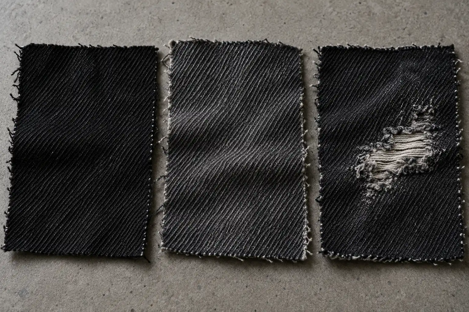 Black denim fabric samples showing intact faded surfaces and exposed yarns