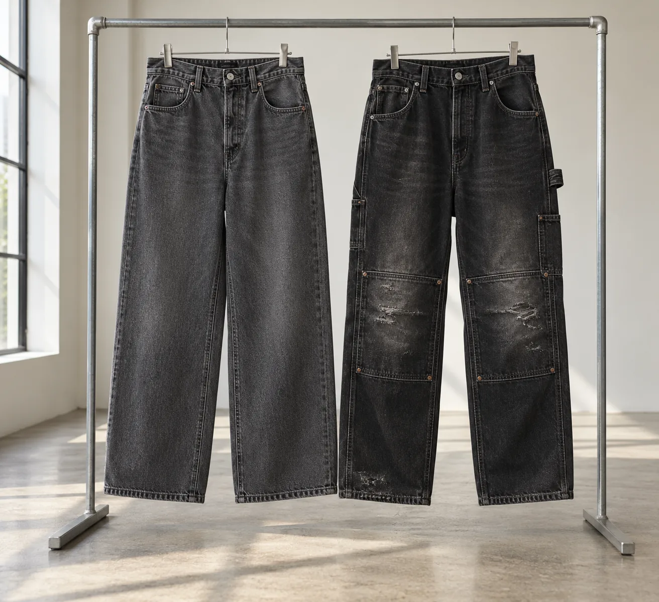 Finished clean charcoal jeans beside distressed black carpenter jeans on a garment rail