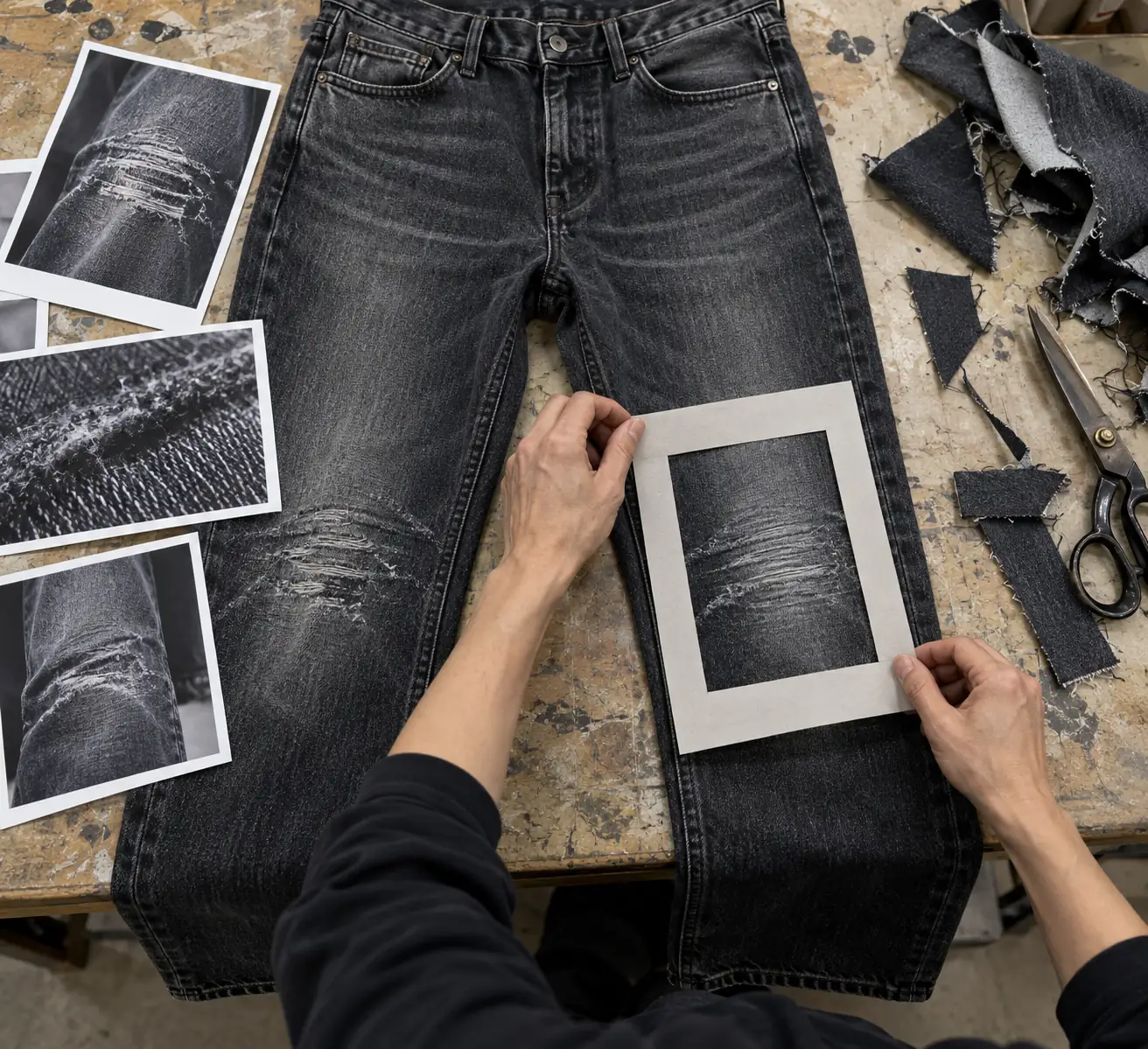 Sampling table with black denim jeans and close-up references for controlled knee abrasion