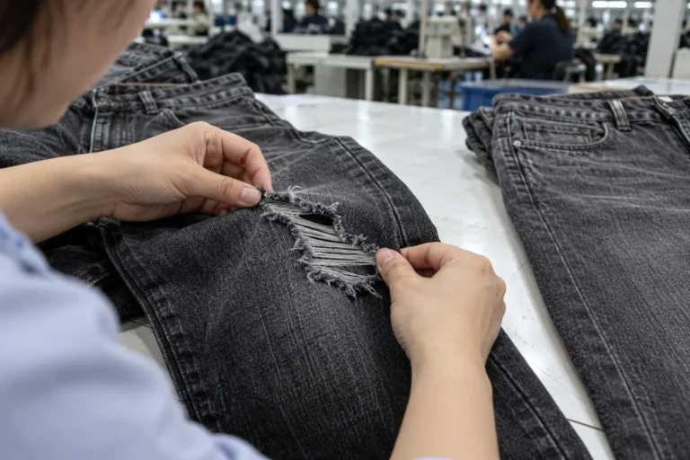 Photorealistic apparel factory documentary photograph, quality inspector examining the edge of controlled knee distress