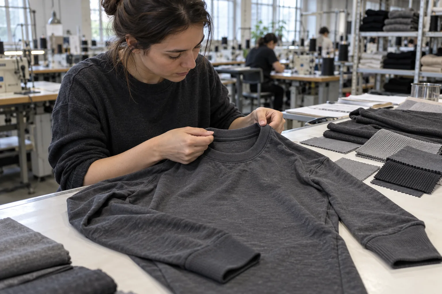 Garment samples and material swatches arranged for a supplier quote review