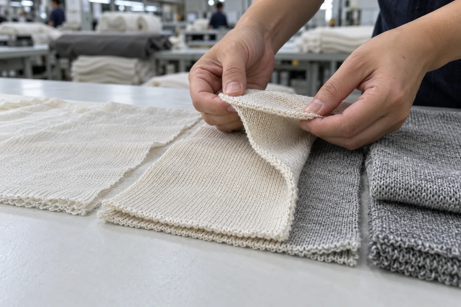 Different knit fabrics examined under consistent lighting