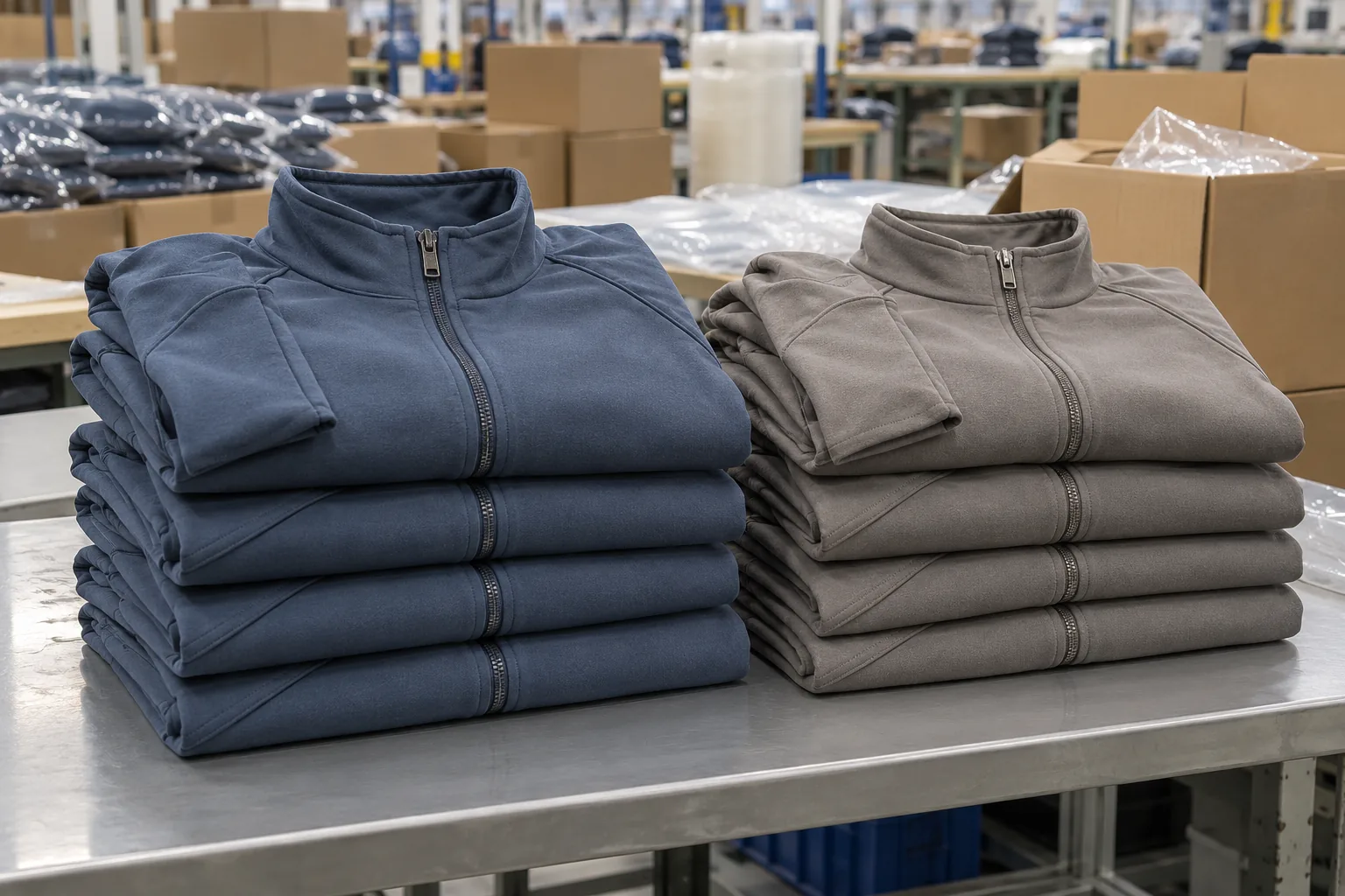 Finished garments grouped into small color assortments on a packing table
