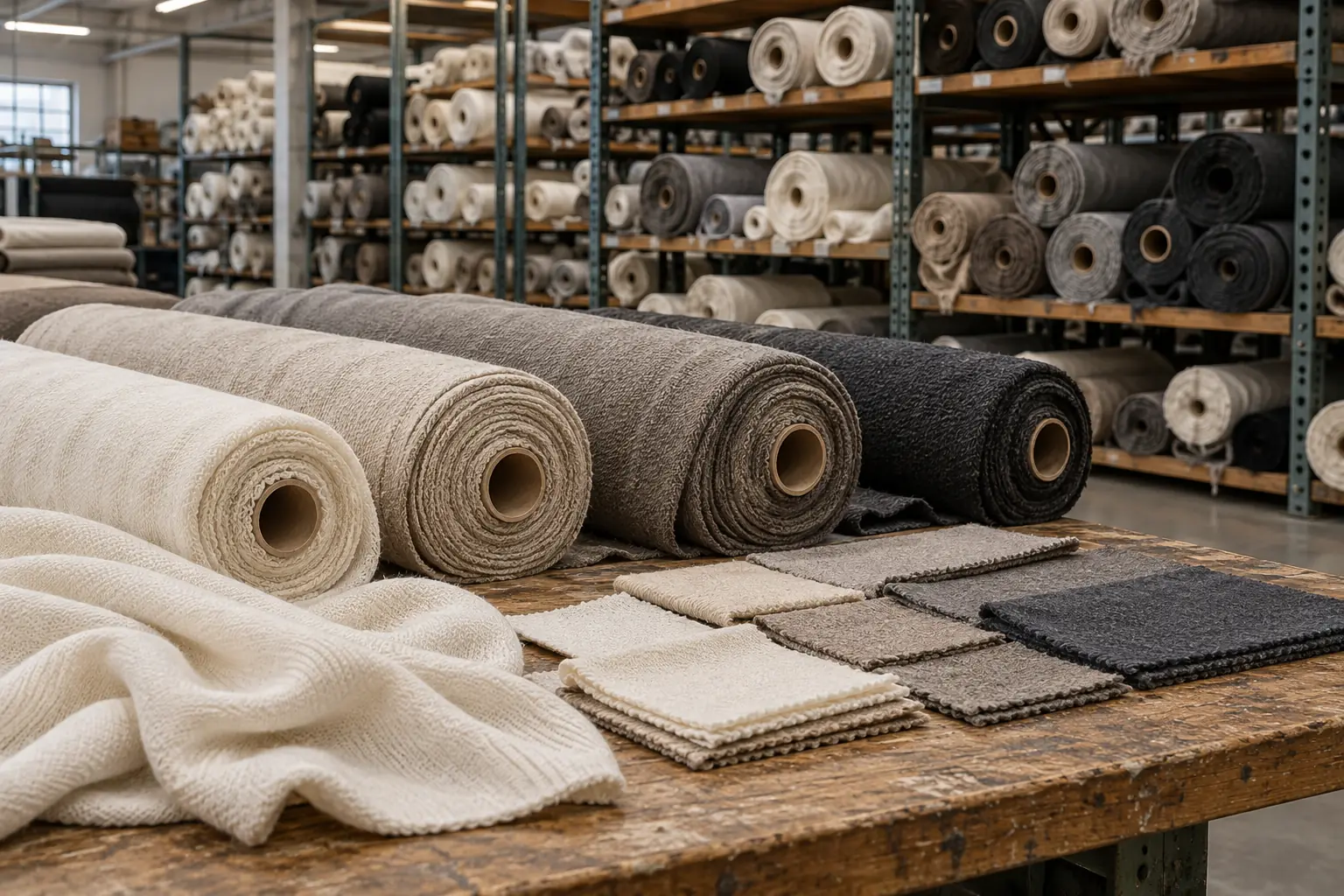Stock fabric rolls and matching swatches arranged for material selection