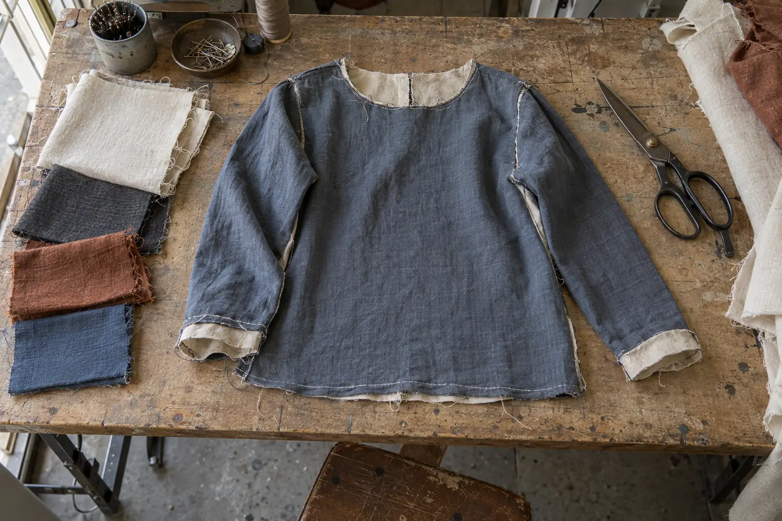 Garment sample and contrasting fabric swatches on a development table