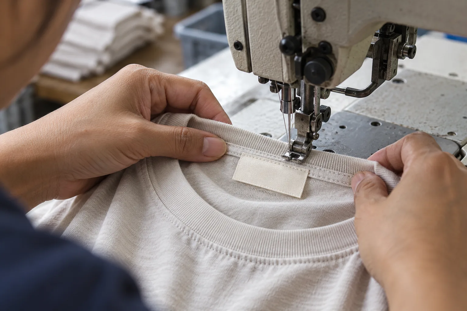 Sewing operator attaching an unmarked label to a garment neckline