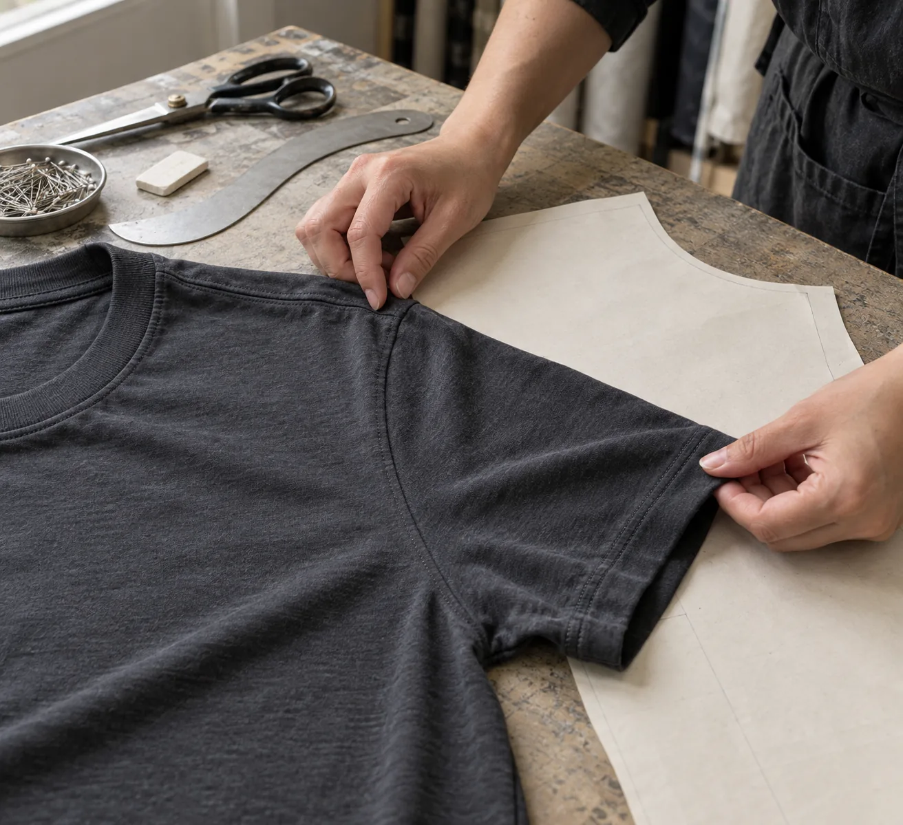 Garment samples arranged by size beside a pattern review table