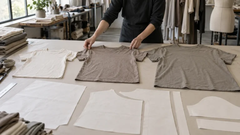 Photorealistic apparel development workshop documentary photograph, unbranded neutral jersey tees in three visibly diffe