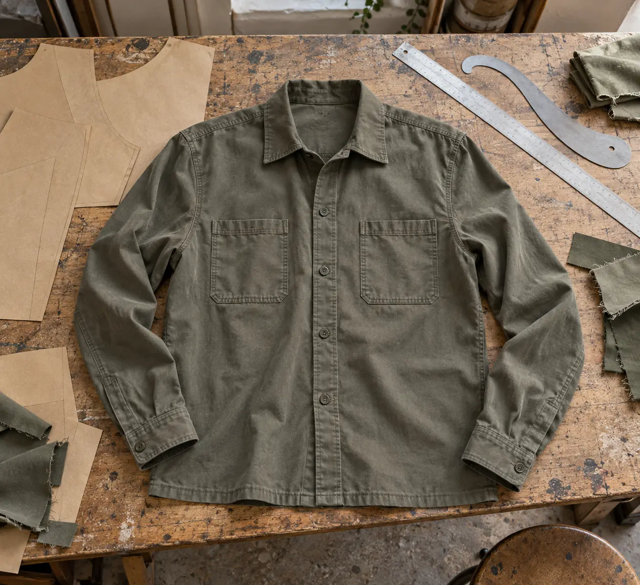 Overshirt prototype laid out on a sampling table with measuring tools