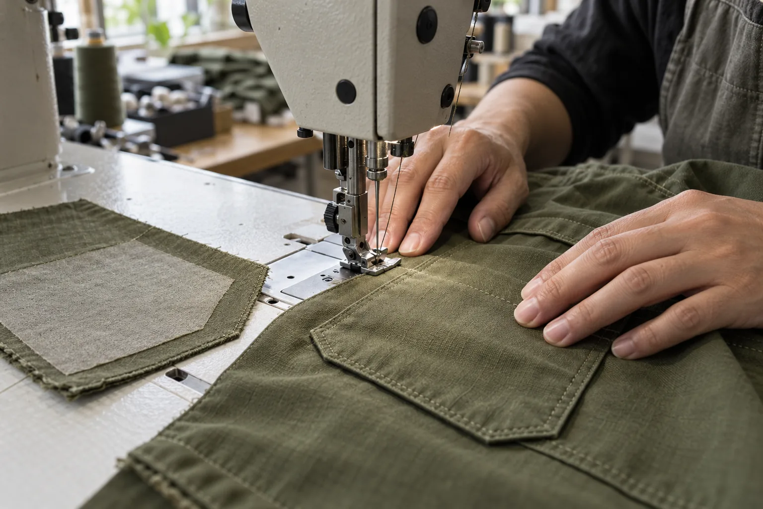 Sewing operator constructing an overshirt pocket on a sample panel