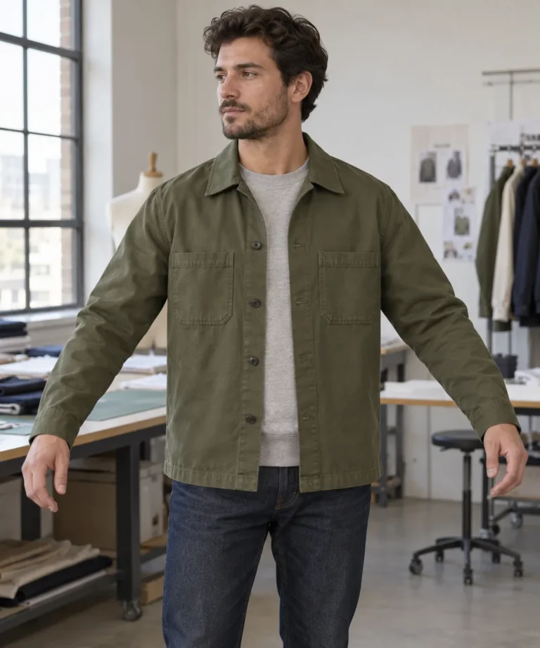 Photorealistic apparel development documentary photograph of a finished unbranded olive cotton overshirt on a fit model