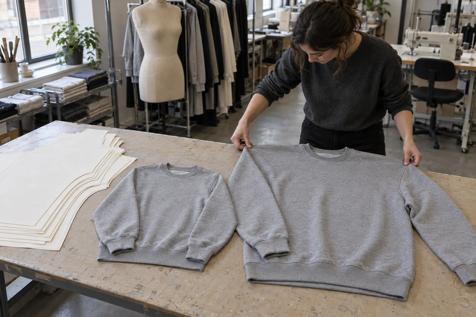 Cutting room worker comparing nested garment patterns on plain fabric