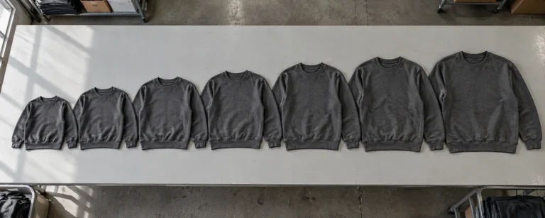 Photorealistic apparel factory documentary photograph, overhead view of seven unbranded charcoal crewneck sweatshirts in