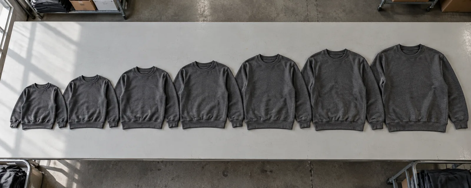 Photorealistic apparel factory documentary photograph, overhead view of seven unbranded charcoal crewneck sweatshirts in