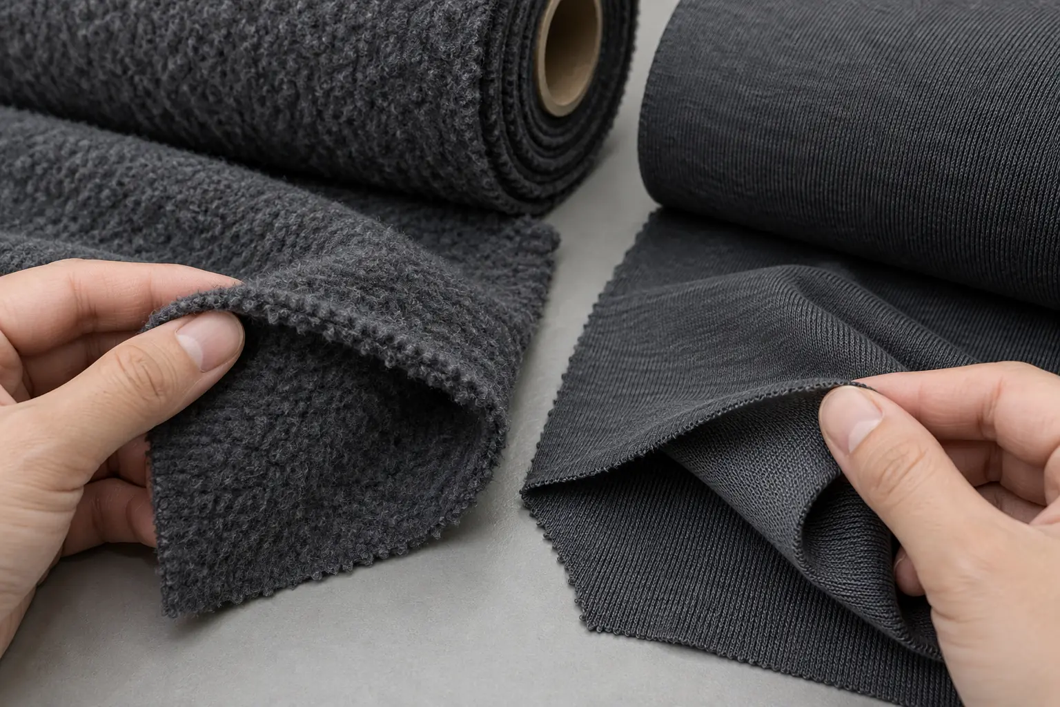 Matching sweatshirt and jogger components arranged separately on a garment planning table