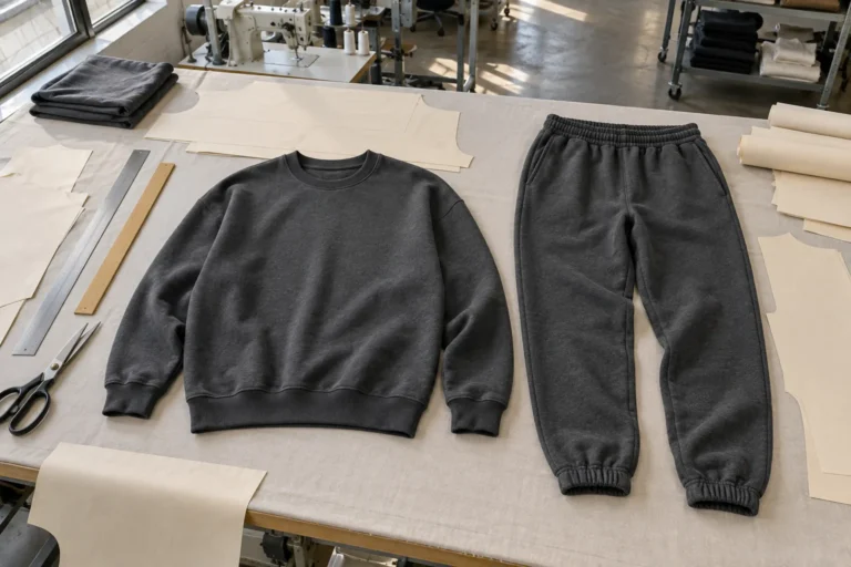 Photorealistic apparel factory documentary photograph, overhead view of an unbranded charcoal sweatshirt and matching jo
