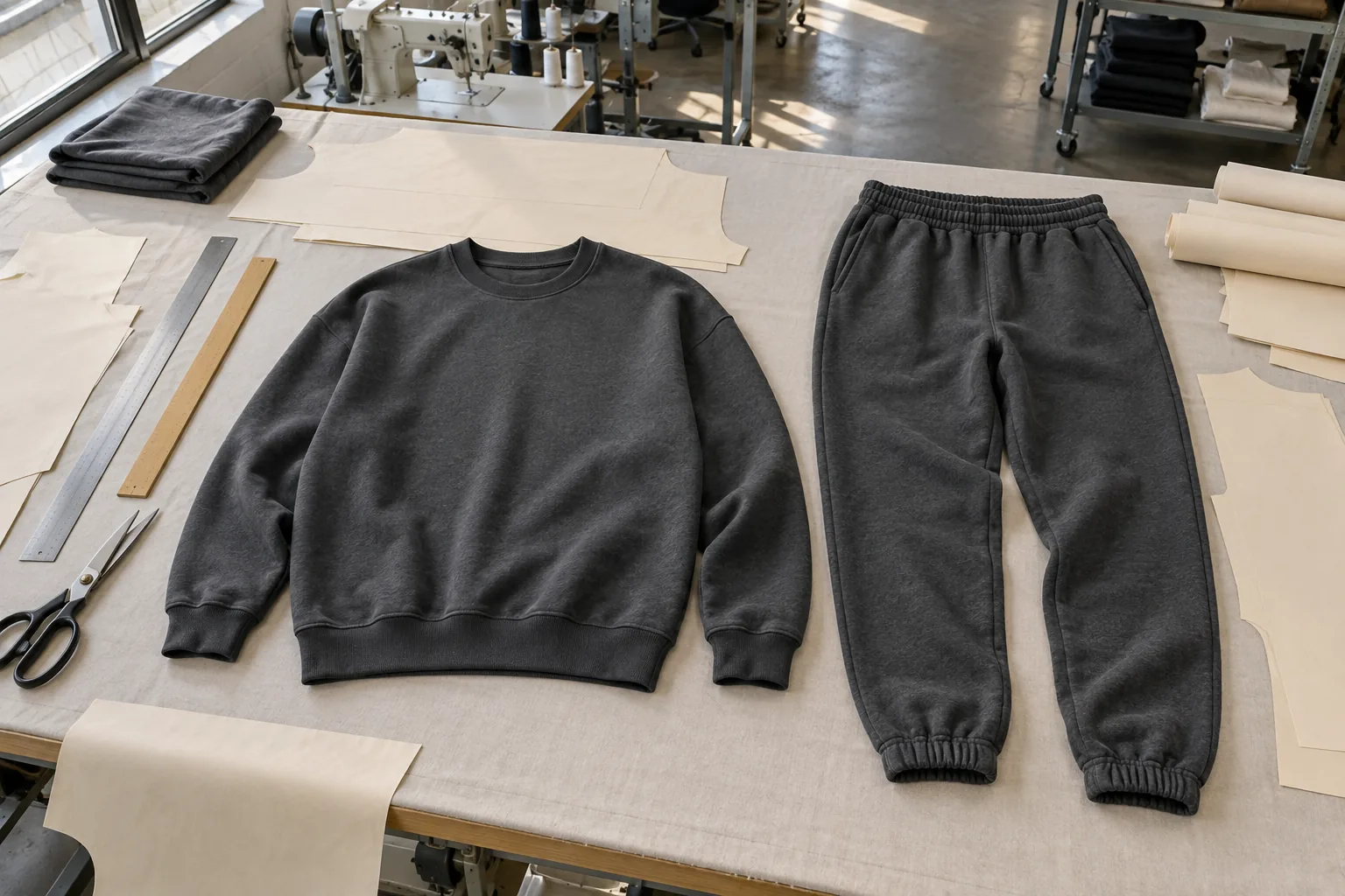 Photorealistic apparel factory documentary photograph, overhead view of an unbranded charcoal sweatshirt and matching jo