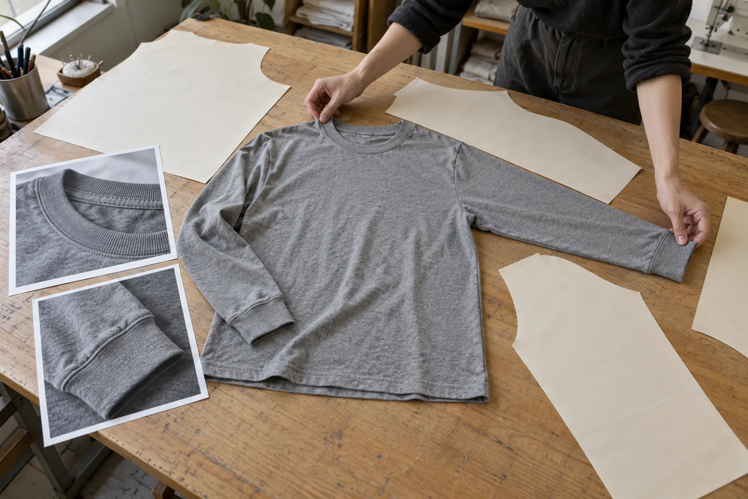 Garment references and a plain jersey sample arranged on a development table