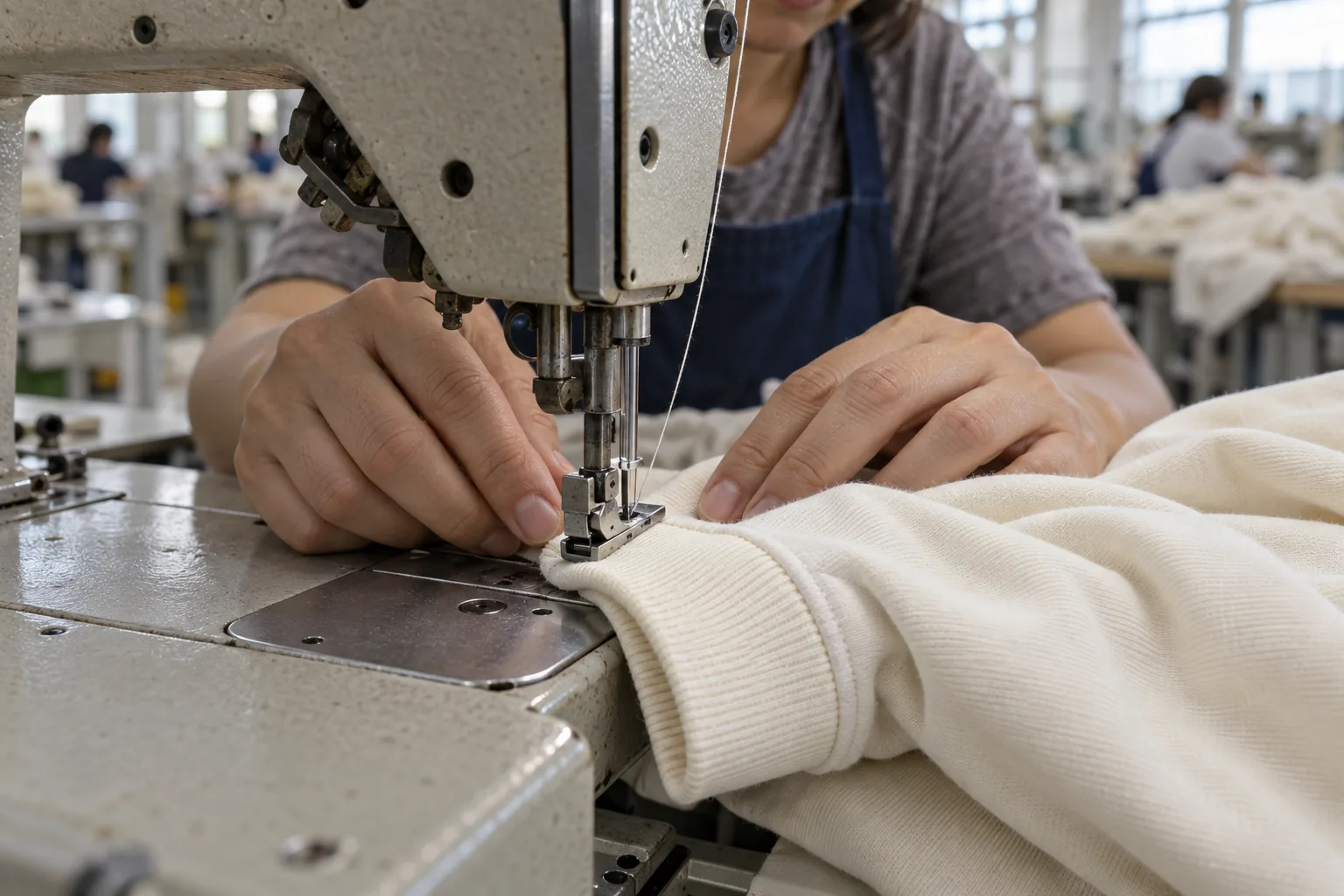 Sewing operator constructing a plain long-sleeve jersey cuff