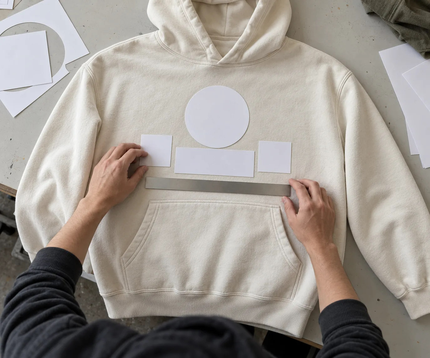 Undecorated hoodie front with a pocket and measuring tools on a sampling table
