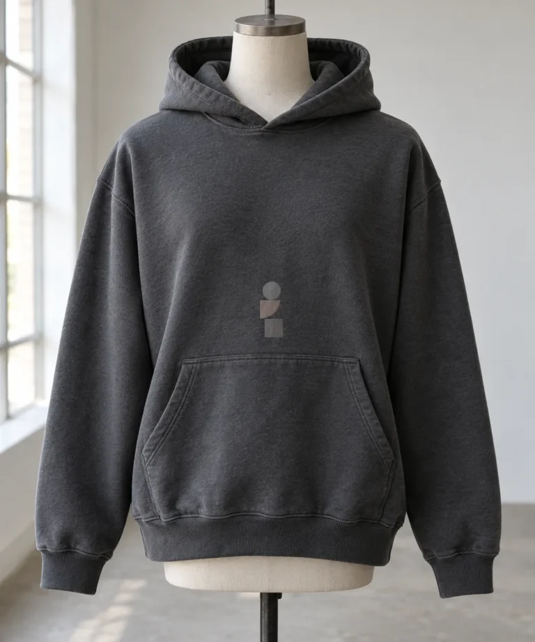 Photorealistic garment documentary photograph of a finished unbranded charcoal pullover hoodie on a dress form, kangaroo