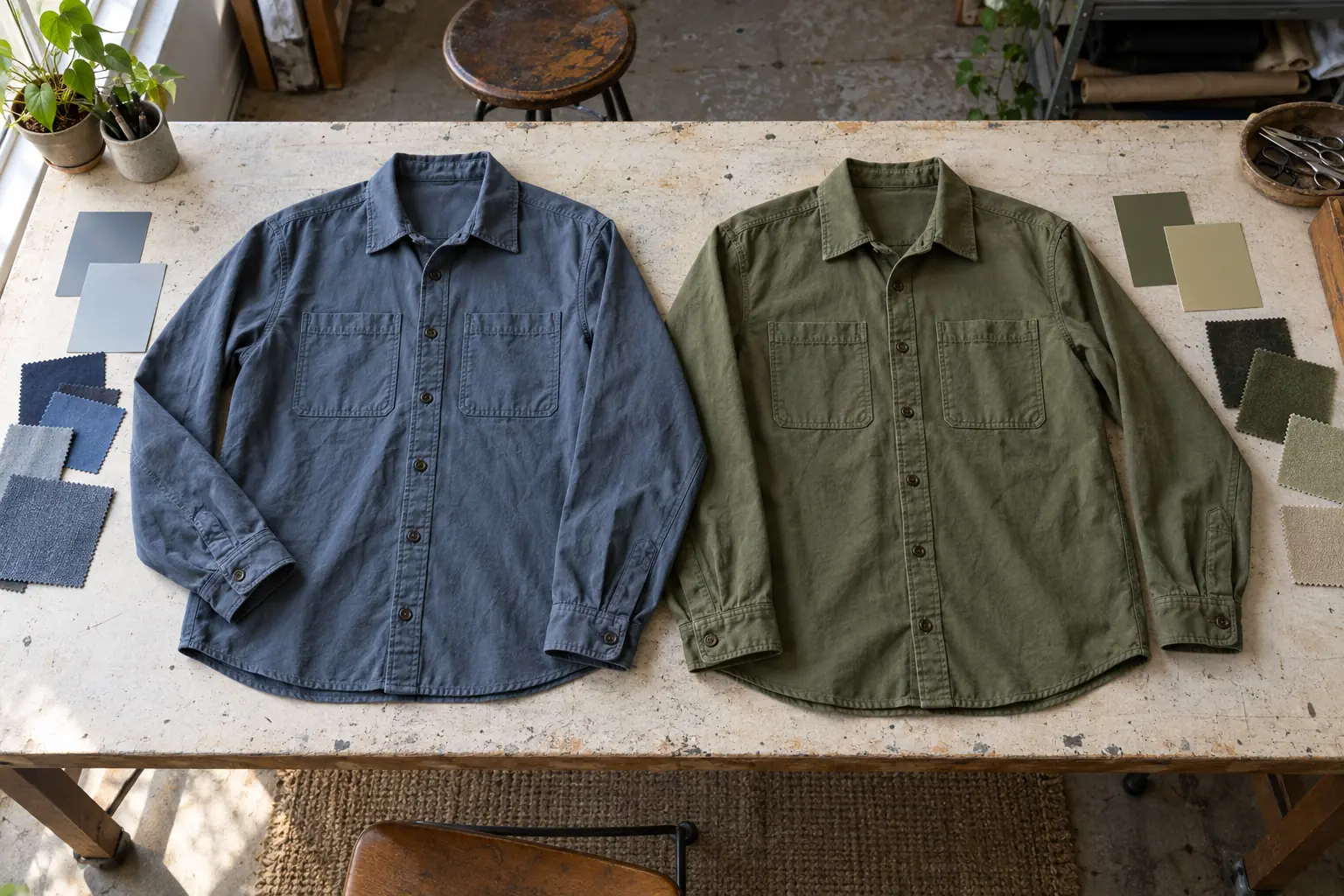 Plain overshirt samples laid out beside color swatches on a sampling table