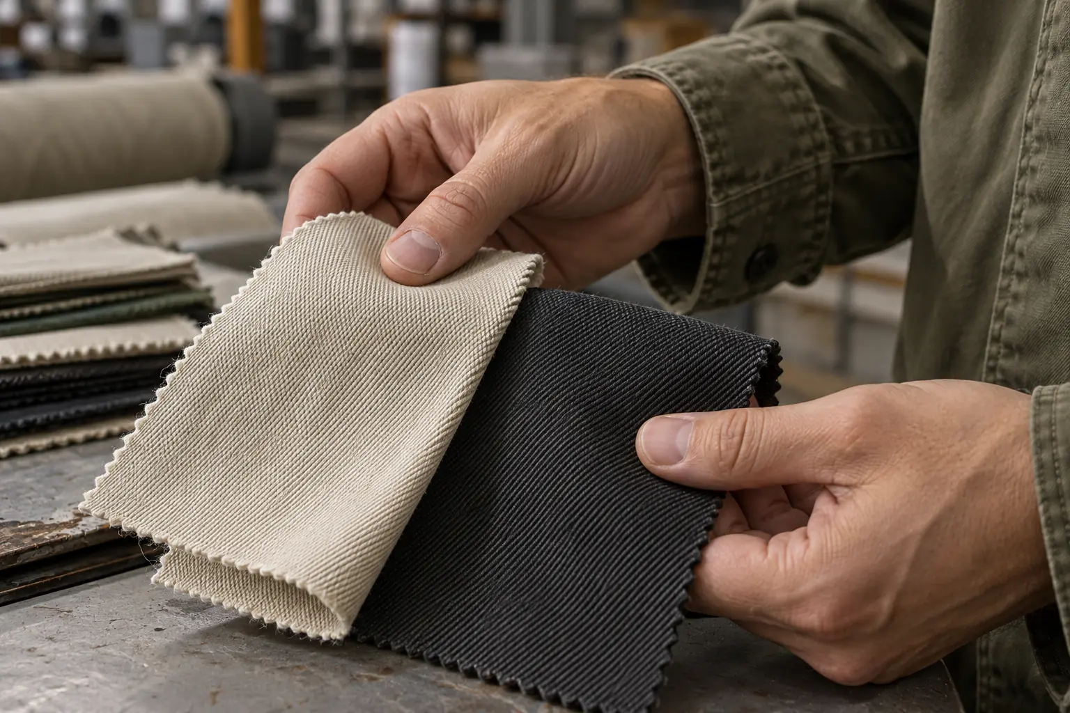 Close view of woven fabric swatches being examined beside an unbranded overshirt