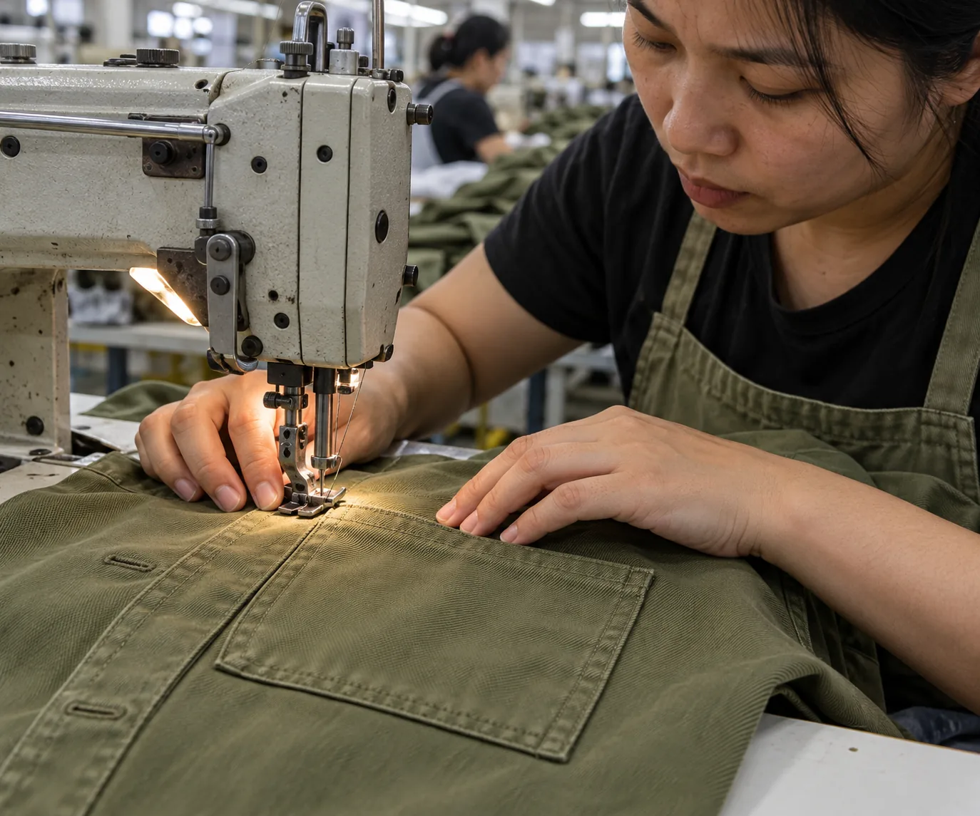 Sewing operator attaching a pocket to a plain twill overshirt