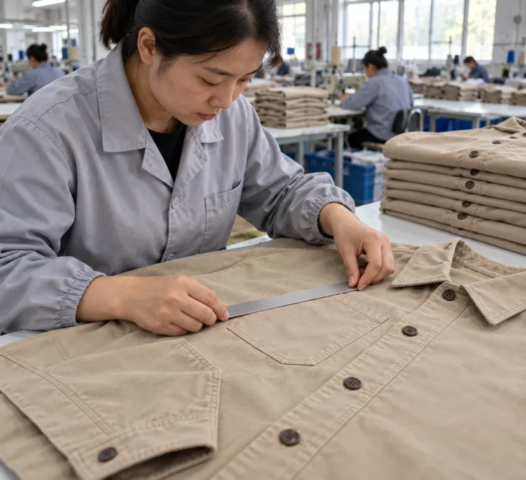 Photorealistic apparel factory documentary photograph of a quality inspector measuring a finished plain cotton twill ove
