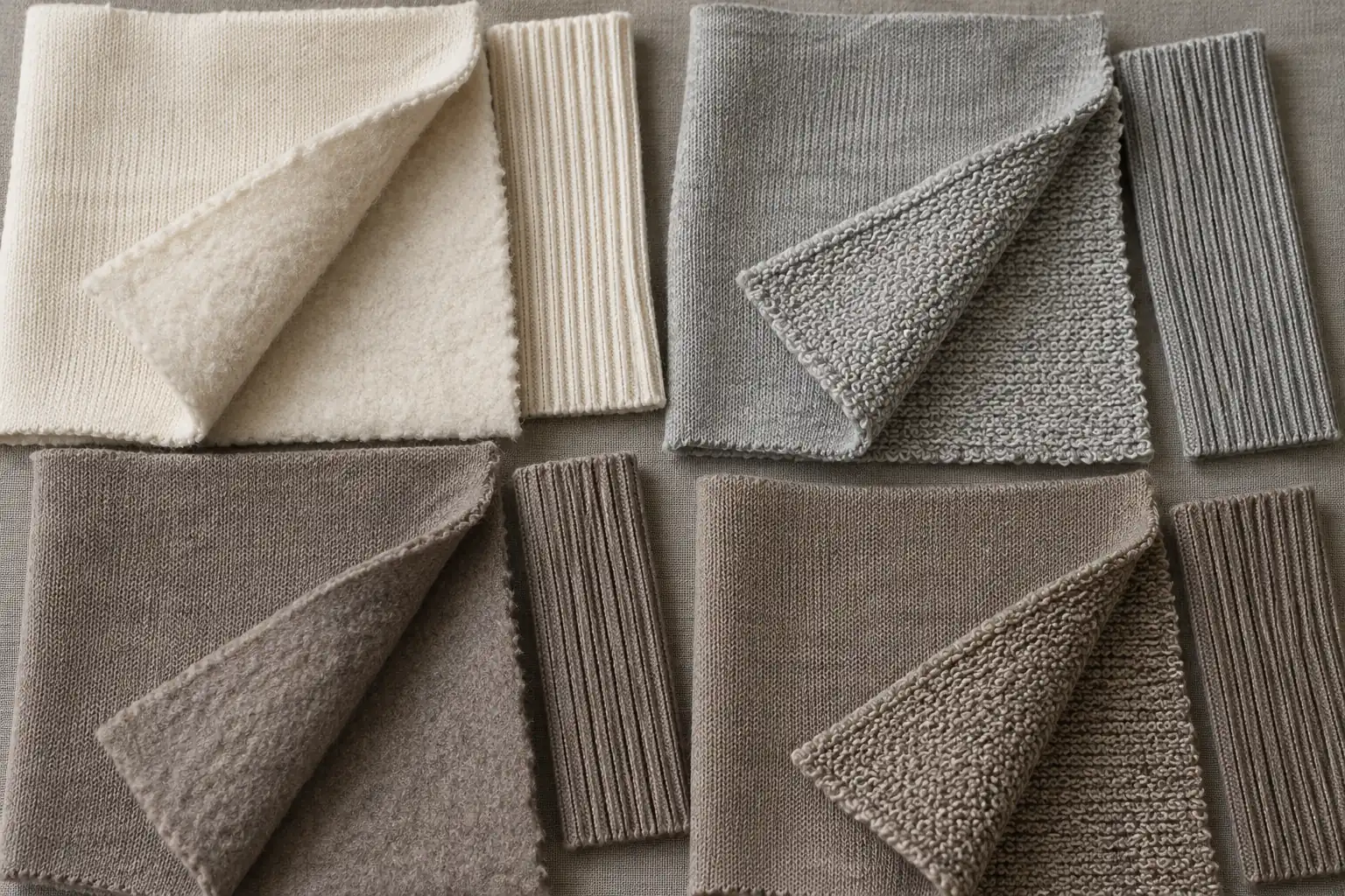 Two sweatshirt fabric swatches and rib samples arranged for comparison