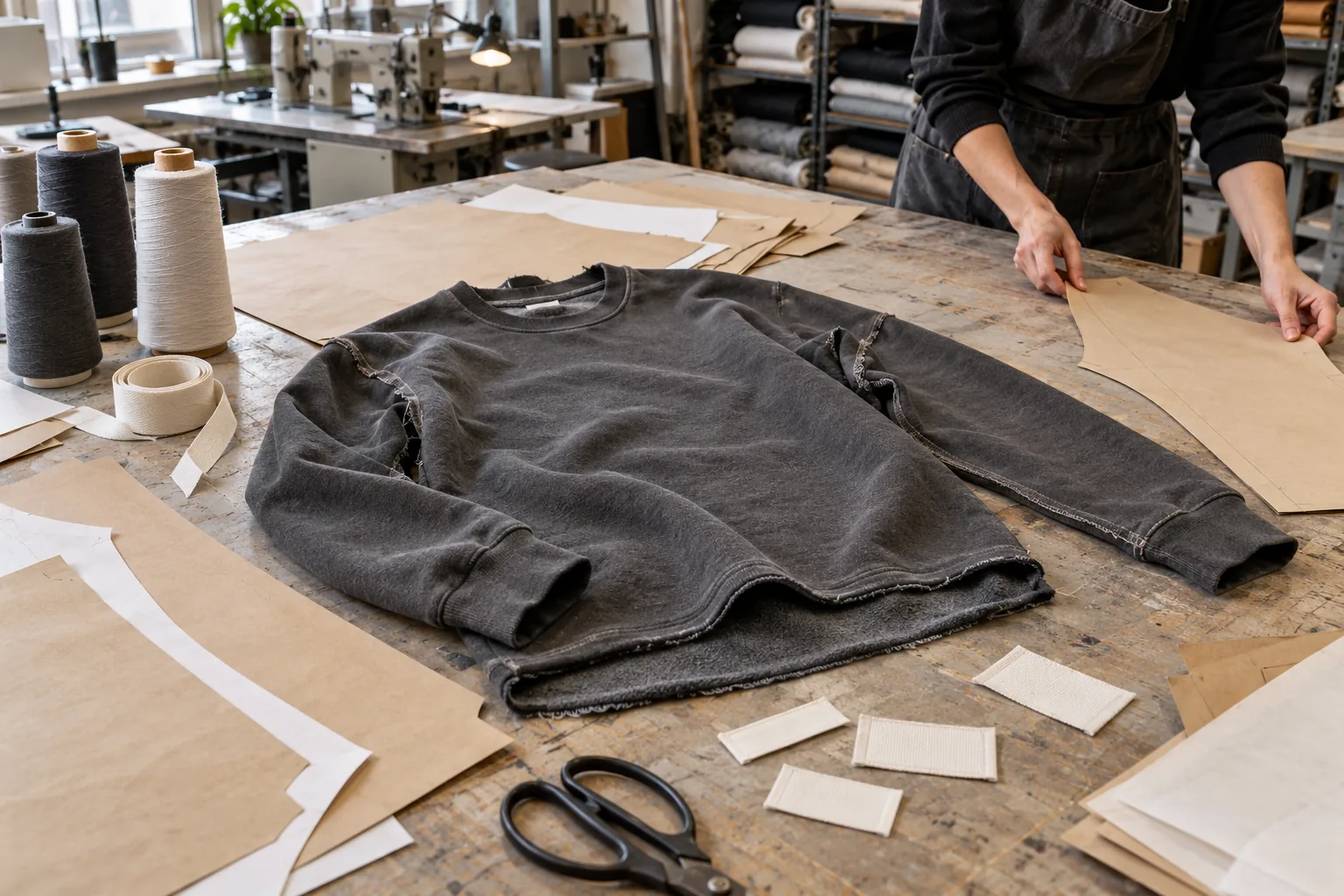 Garment sample, pattern pieces and trim components on a development table