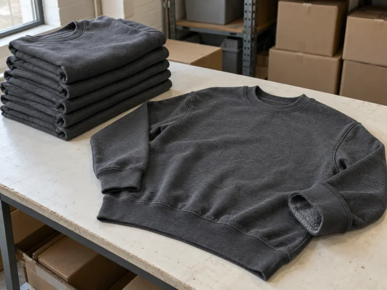 Photorealistic apparel documentary photograph of finished unbranded charcoal crewneck sweatshirts stacked beside one nea