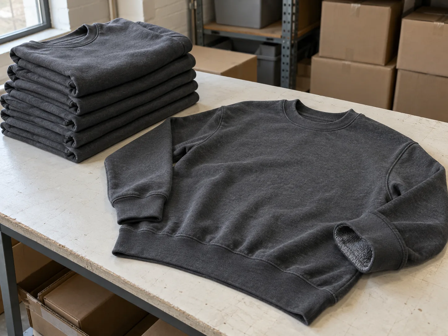 Photorealistic apparel documentary photograph of finished unbranded charcoal crewneck sweatshirts stacked beside one nea