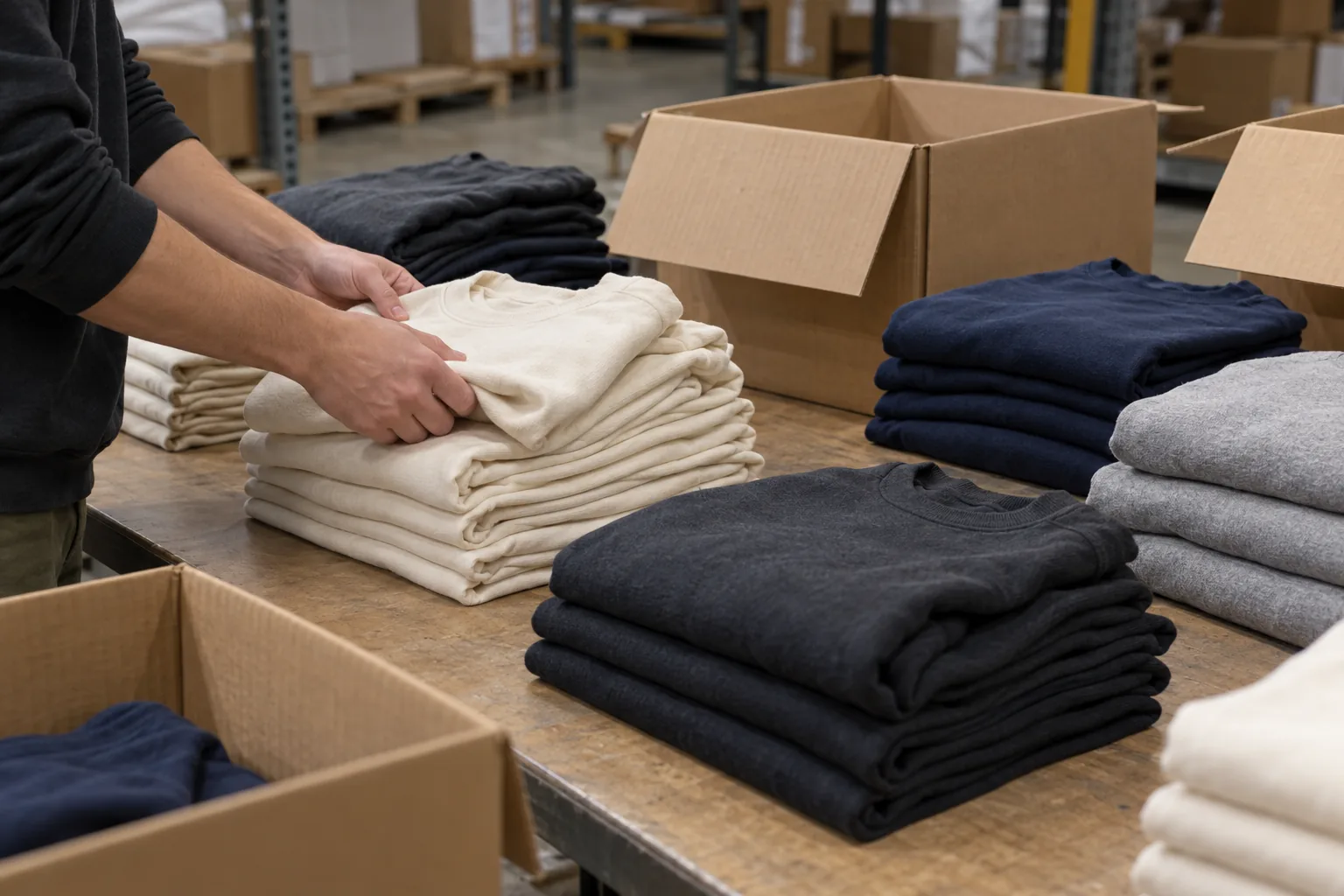 Folded premium basic garments being counted at a receiving table