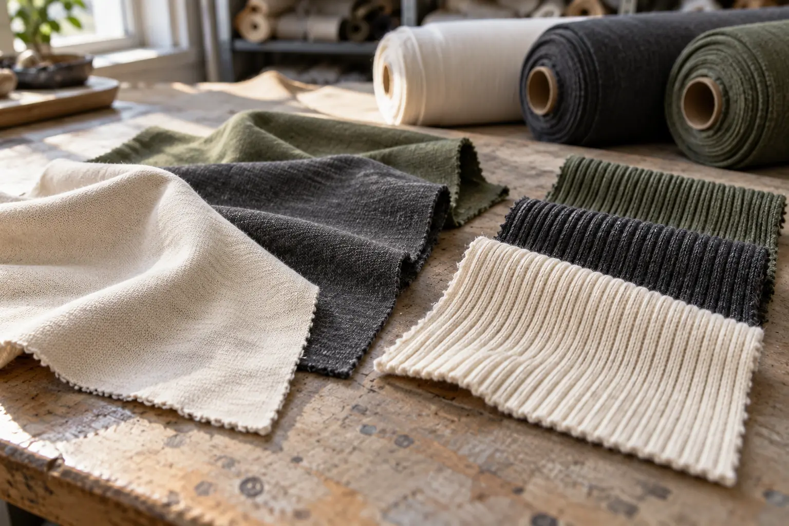 Neutral jersey fabric swatches arranged beside rib samples