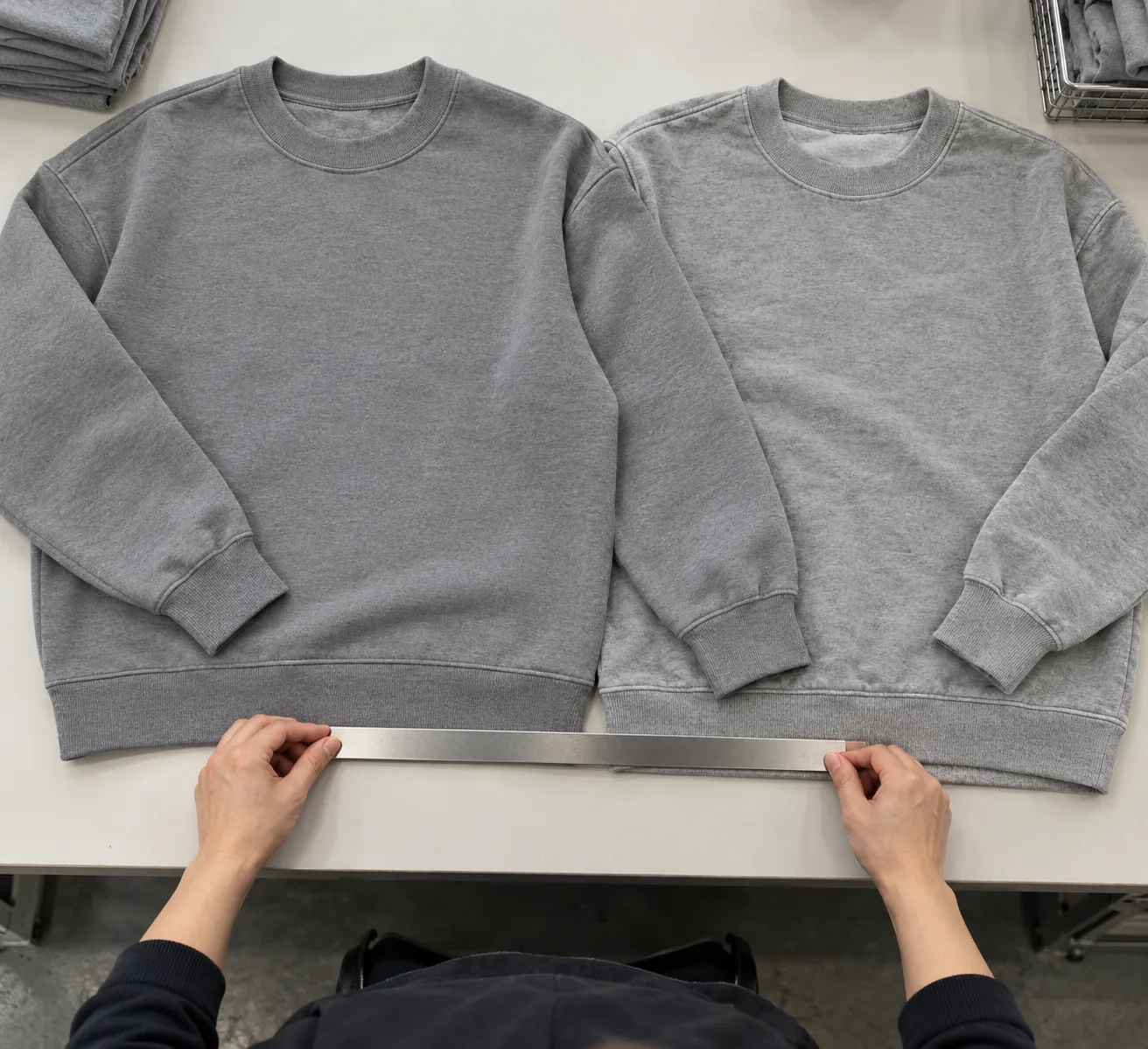 A basic sweatshirt sample measured beside a washed comparison garment