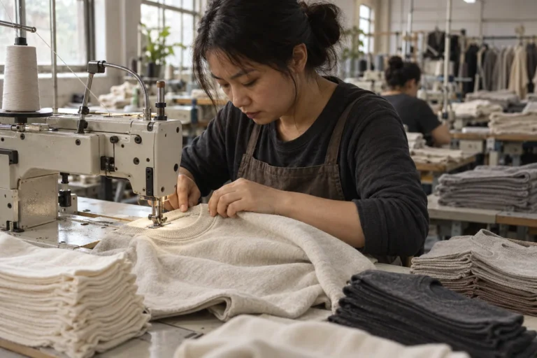 Photorealistic apparel factory documentary photograph of an operator sewing the neckline of an unbranded heavyweight cot